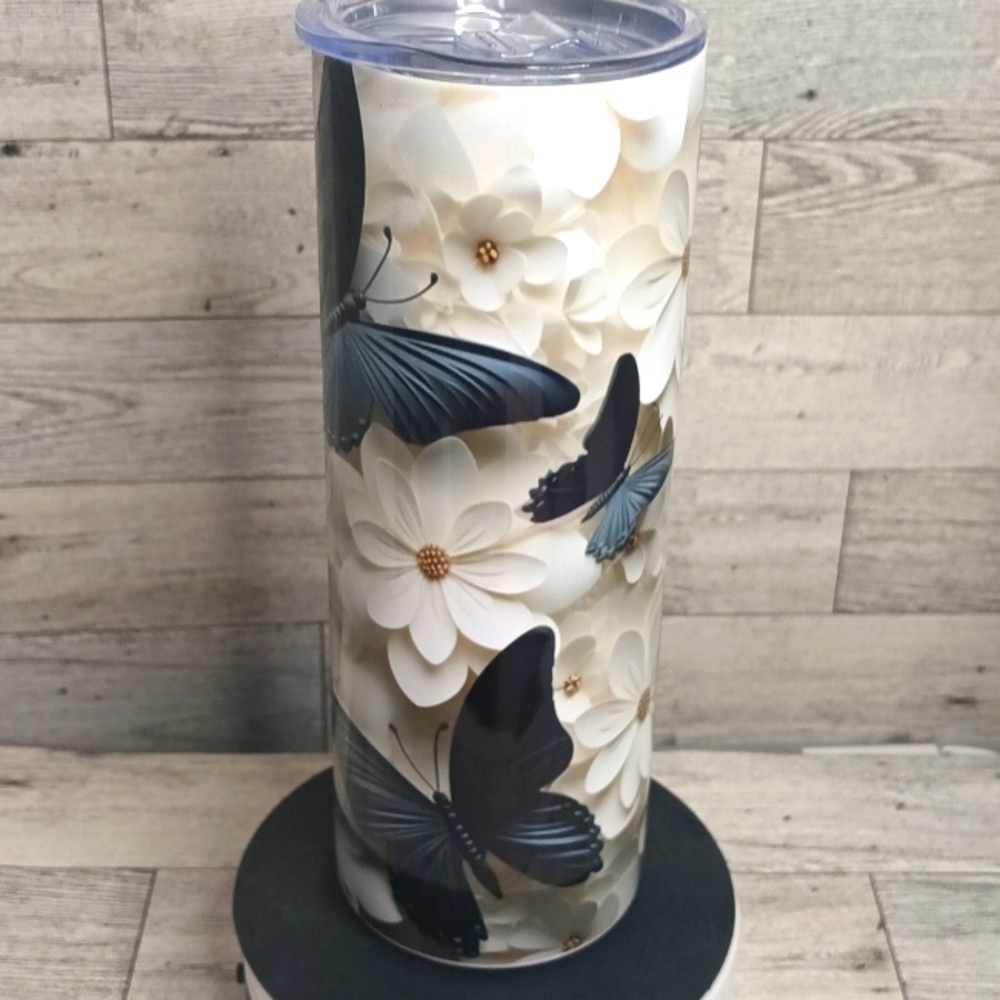 Black Butterfly and Flower 20 oz. Tumbler STAINLESS STEEL